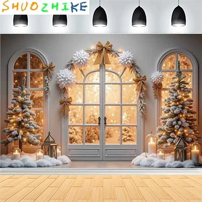 عيد الميلاد يوم السنة الجديدة حفلة خلفيات للتصوير الفوتوغرافي الدعامة نافذة غرفة المعيشة الداخلية شجرة عيد الميلاد الثلوج موضوع صورة خلفية FN-74