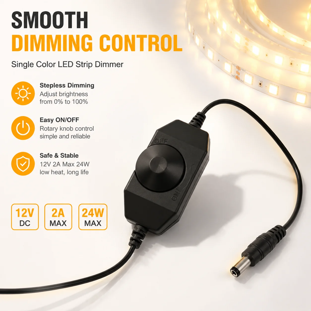 Single Color LED Strip Dimmer 12V 2A 24W Knob Dimming Switch ON OFF