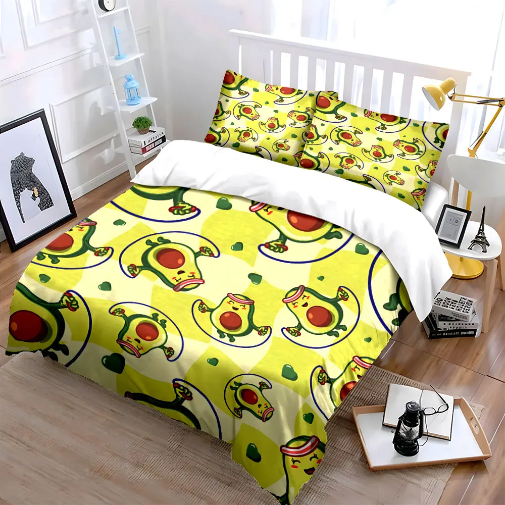 Cartoon Avocado Jump Rope Print Bedding Set for Kids Luxury Gift 3pcs Digital Print Comforter Set Soft Comfortable Breathable