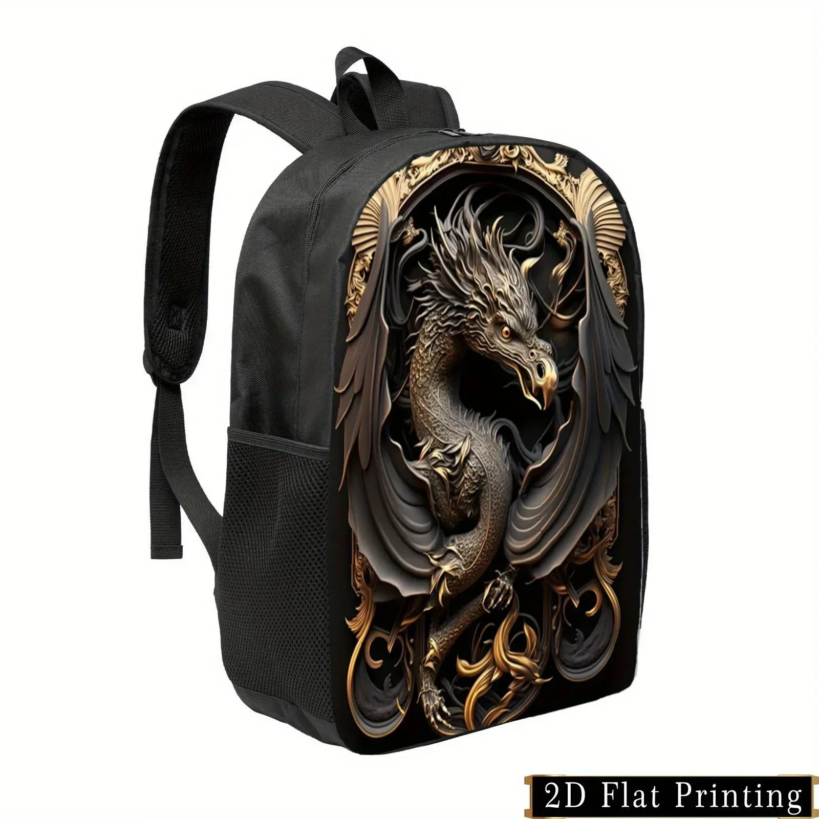 Custom Custom Dragon Print Backpack - Stylish Black And Golden Design With Adjustable Straps, Large Capacity, And Side Pockets