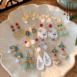 Ethnic Chinese Jade Pendant Earrings for Women Retro Style Traditional Wedding Jewelry Flower Fan Shaped Tassel Creative Gifts