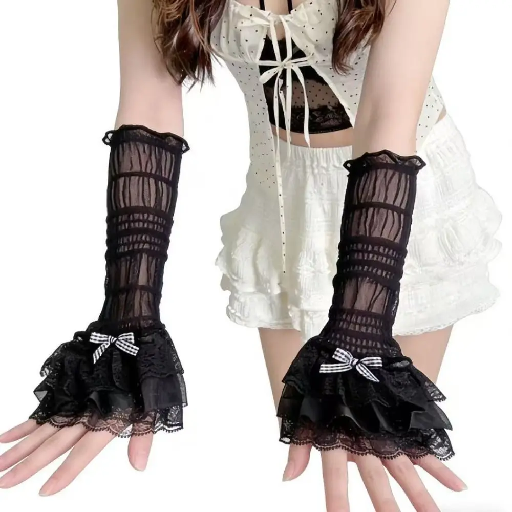 New 1 Pair Thin Lace Lace Arm Sleeves Bowknot Design Breathable Lace Fingerless Gloves Sun Protection Sleeves Fashion Accessory