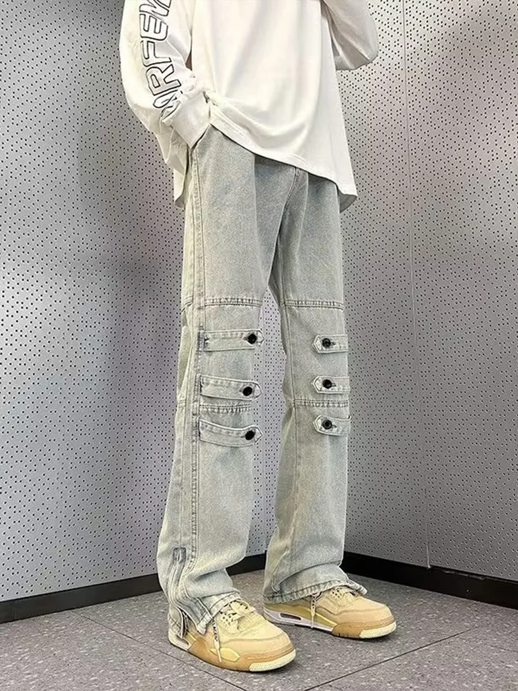 Y2K strap overalls high street fashion brand zipper split pants jeans for men clothing wkwkp00180 cargo jeans y2k men’s jeans