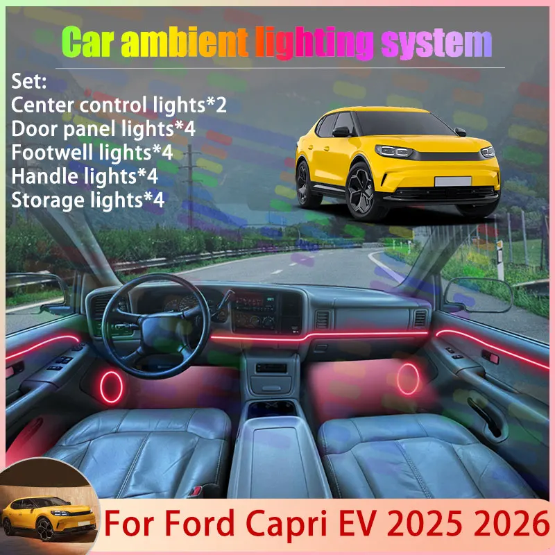 Для Ford Capri EV 2025 2026: Комплект атмосферной RGB-подсветки с эффектом потока (2/24 в 1) для автомобиля, аксессуары для автозапчастей Для Ford Capri EV 2025 2026: Комплект атмосферной RGB-подсветки с эффектом потока (2/24 в 1) для автомобиля, аксессуары для автозапчастей