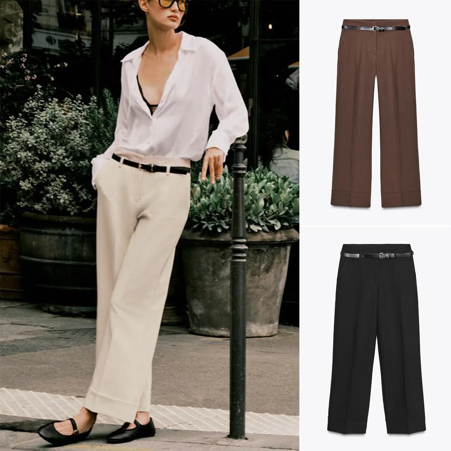 กางเกงลำลองผู้หญิงทรงตรงเอวสูง ขากว้าง ปลายขาจั๊ม พร้อมเข็มขัด รุ่นใหม่ประจำฤดูใบไม้ร่วง แฟชั่นสำหรับใส่ทำงาน 478234