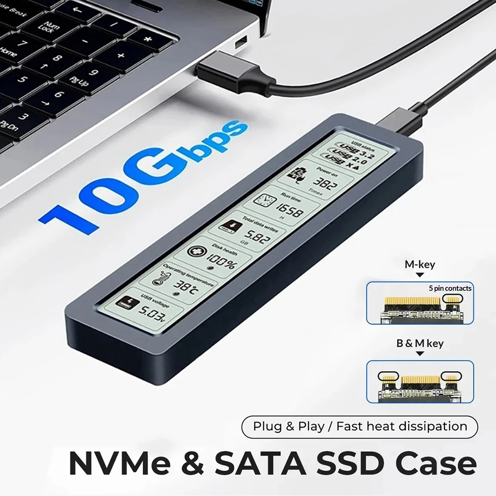 M.2 SSD 케이스 NVME SATA SSD 외장 케이스 10Gbps M.2 to USB Type C 지능형 디지털 디스플레이 외장 SSD 박스 어댑터 UASP 지원