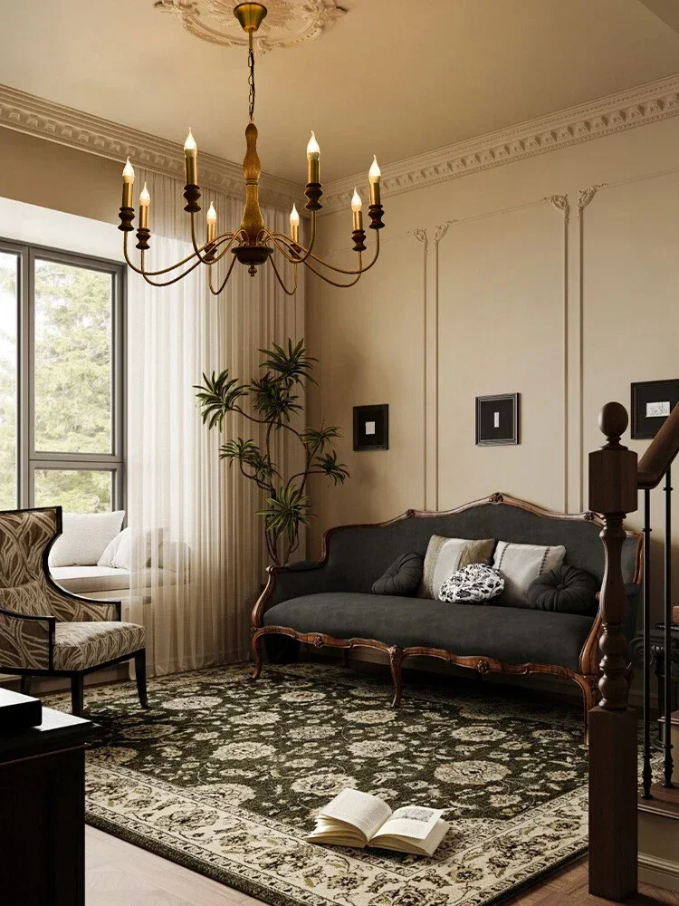 

American Retro Candle Lamp French Living Room Hall Chandelier Lighting Bedroom Pendant Lights Villa Stair Home Lustre Fixtures