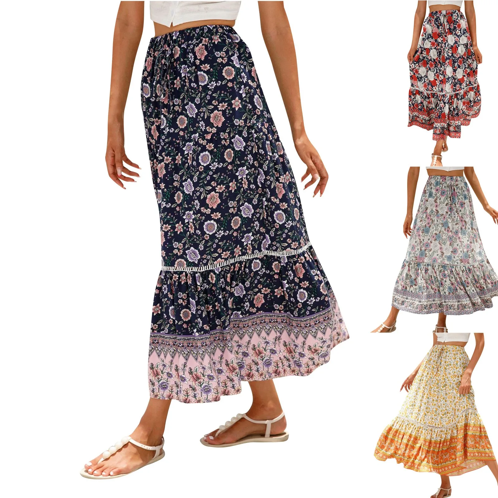 Women'S New Lace Splicing Long Skirts Fashion Trend Leisure Vacation Flowy Skirts Flower Printed Elastic Waist A-Line Skirts