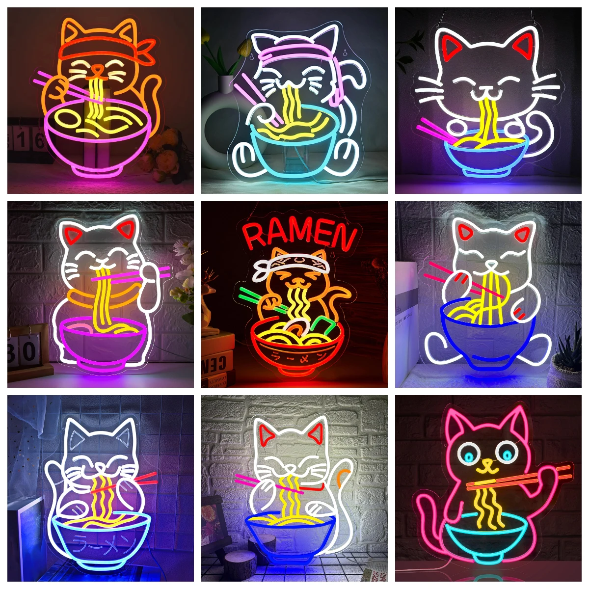  Cat Eating Ramen Noodles LED Neon Sign USB Wall Light Japanese Restaurant Cafe Bar Food Shop Business Atmosphere Lamp Gift