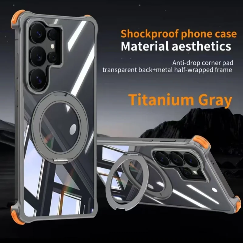 For Samsung Galaxy S25 S26 Ultra Transparent Aluminum Alloy Frame Phone Case For Magsafe 360° Rotate Magnetic Shockproof Cover