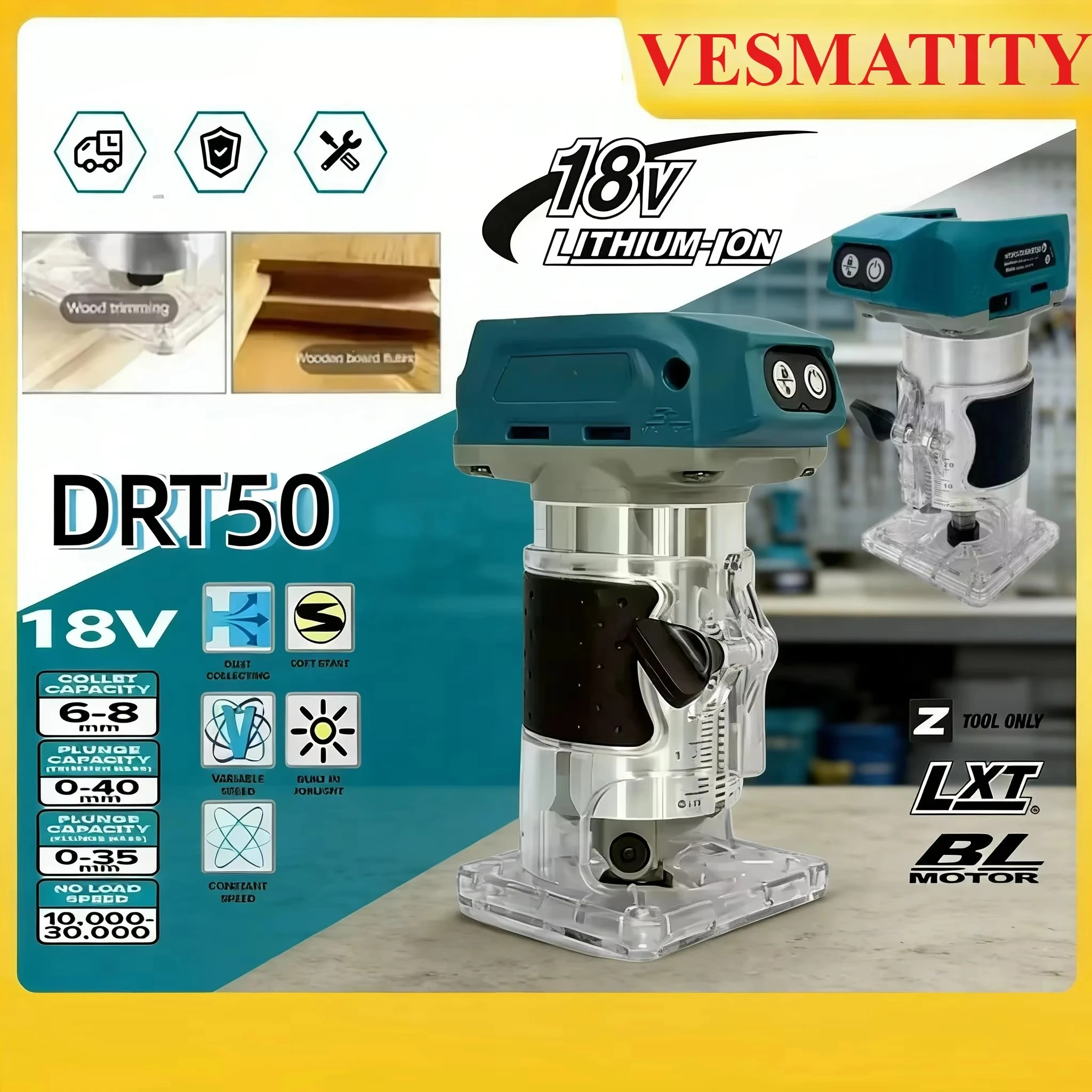 DRT50 Cordless Trimmer Rechargeable Slotting Tool for Woodwork Engraving Milling Portable Trimming Machine For 18V-20VBattery