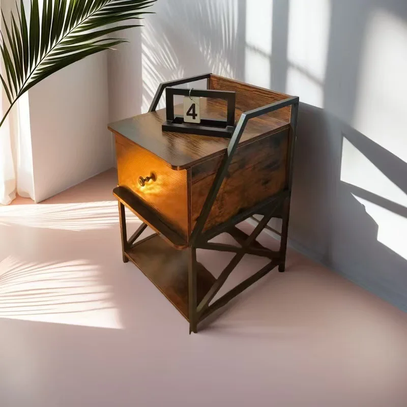

Antique wood iron wood bedroom bedside table high-end bedside table steel wood drawer storage cabinet locker storage