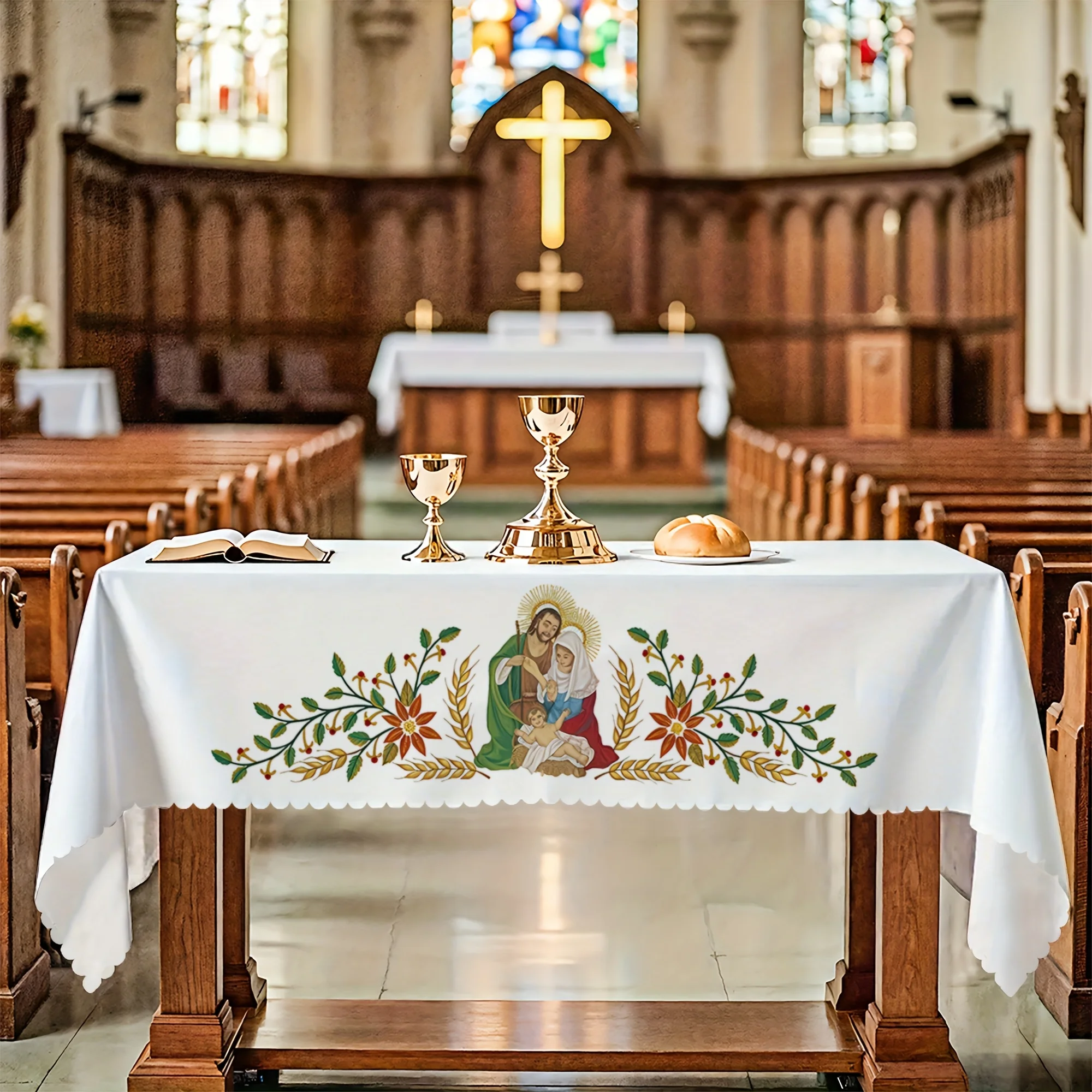 VIKAMA Holy Family Church Altar Tablecloth Floral Embroidery Rectangular Table Cover Religious Chapel Decor