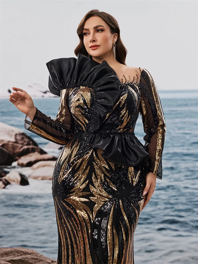 فساتين سهرة Lucyinlove مقاس كبير فاخرة مكشكشة بالترتر أنيقة بأكمام طويلة حورية البحر لحفلات الزفاف الرسمية وحفلات الكوكتيل