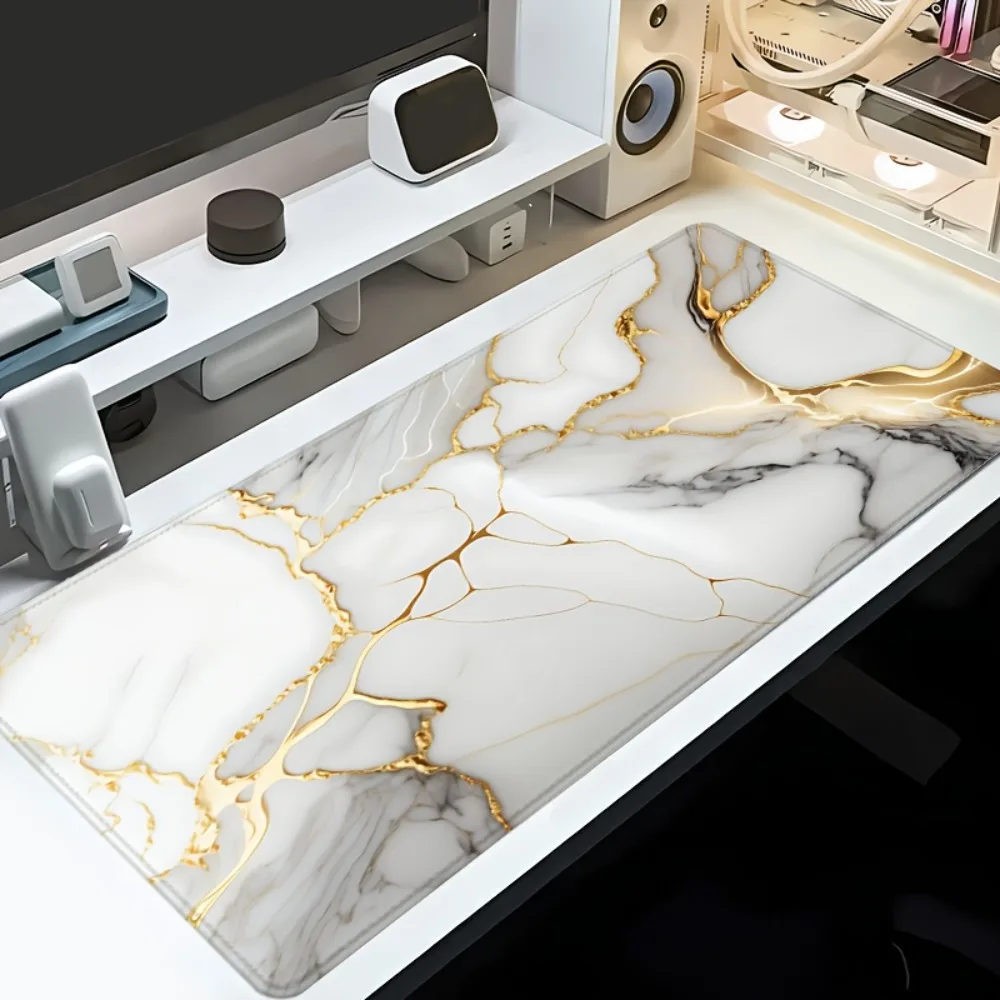 CIFBUY Large Mouse Pad Anti Slip Rubber Desk Mat Durable Gaming Office Table Mat Extended White Gold Marble Computer Pad