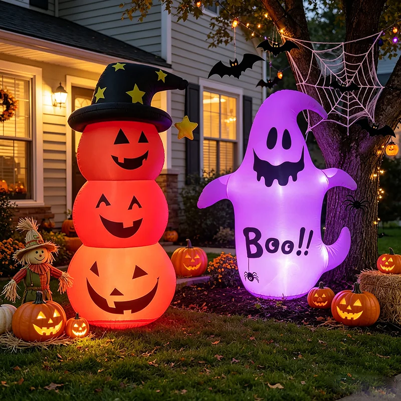 Pvc Inflatable Glowing Pumpkin Doll Suitable for Halloween, Halloween Inflatable Led Light-Up Ghost, Inflatable Model, Outdoor Yard Decoration