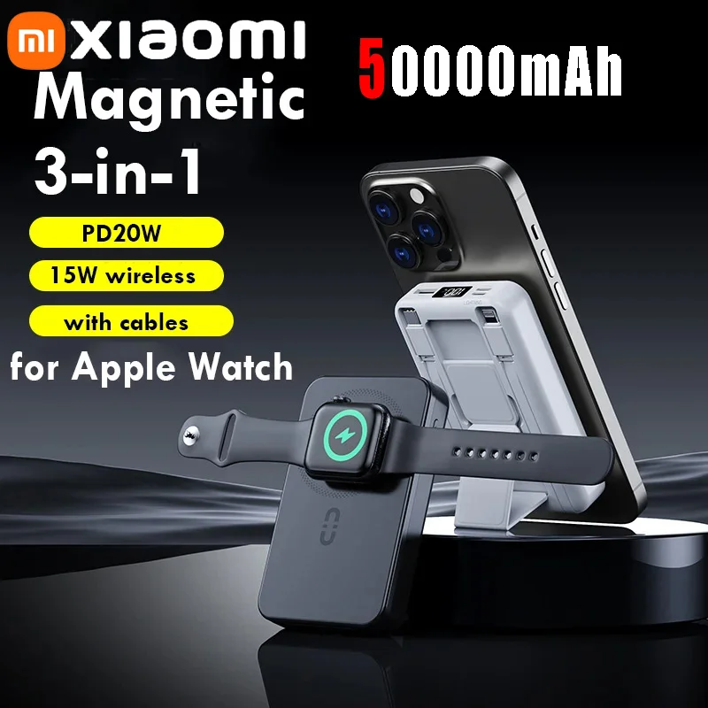 

Xiaomi 50000mAh Magnetic Wireless Power Bank PD20W Fast Charger With Cable USB C External Spare Battery For iPhone Apple Watch