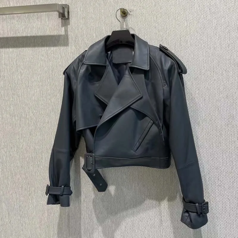 Veste courte en cuir véritable pour femme, vêtements à col rabattu avec ceinture, manteau de printemps et d'automne, mode de luxe, nouveau, 2023