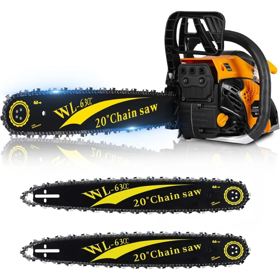 63CC Gas Powered Chainsaw 20 Inch 2-Cycle Engine with 2 Chains Bars Heavy Duty Gas Chain Saw for Tree Felling Logging and Firew