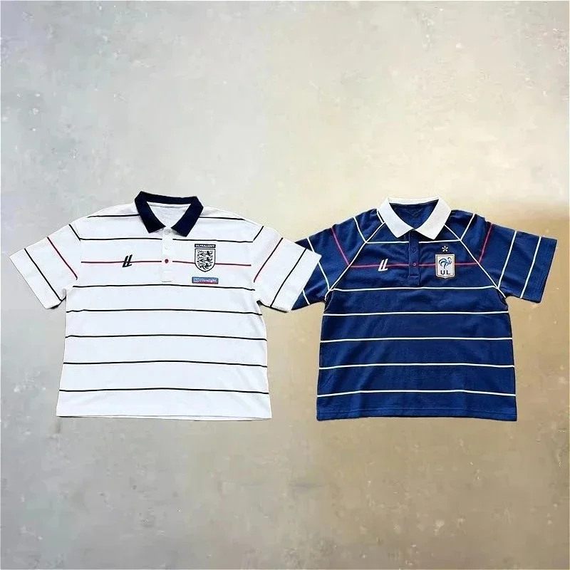 Retro Striped Patchwor Polo Shirts Embroidered Logo British Style Football T Shirts Summer Harajuku Trendy Unisex Oversized Tops