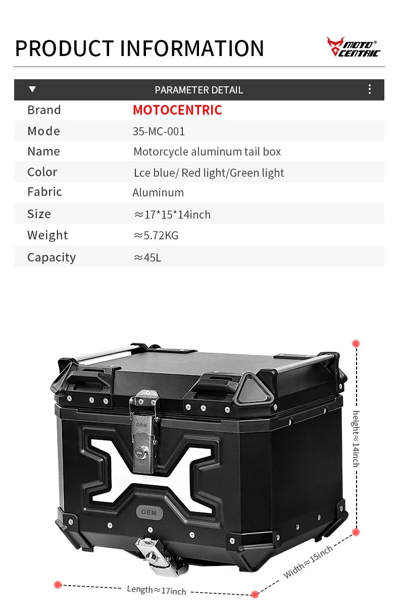 MOTOCENTRIC 45L Customized Luminous Motorcycle Tail Boxes for Storage Motorcycle Box Motorcycle Rear Boxes Aluminium Alloy