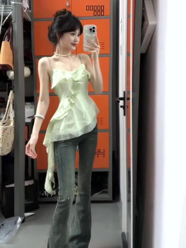 Mint Wave Sle Irregular Strap Vest Women Summer Design Sense Lace  Svel Waist in Slimming Sexy ort Top