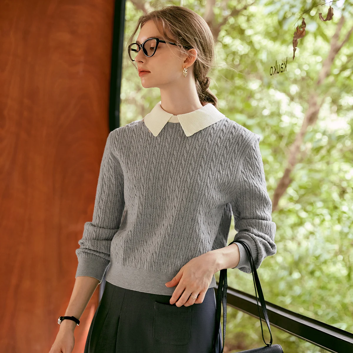 OLrain Maglione lavorato a maglia grigio francese Maglieria 2 in 1 da donna 2025 Maglione pullover a maniche lunghe lavorato a maglia con risvolto a contrasto N56QZ86501