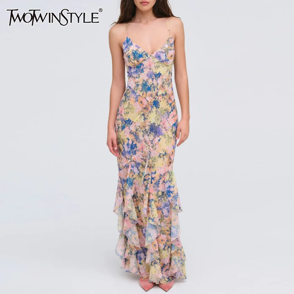 TWOTWINSTYLE Spring Outing Elegant Yellow Floral Gown Female V Neck Sleeveless Mermaid Ruffle Hem Watercolor Print for Art Event