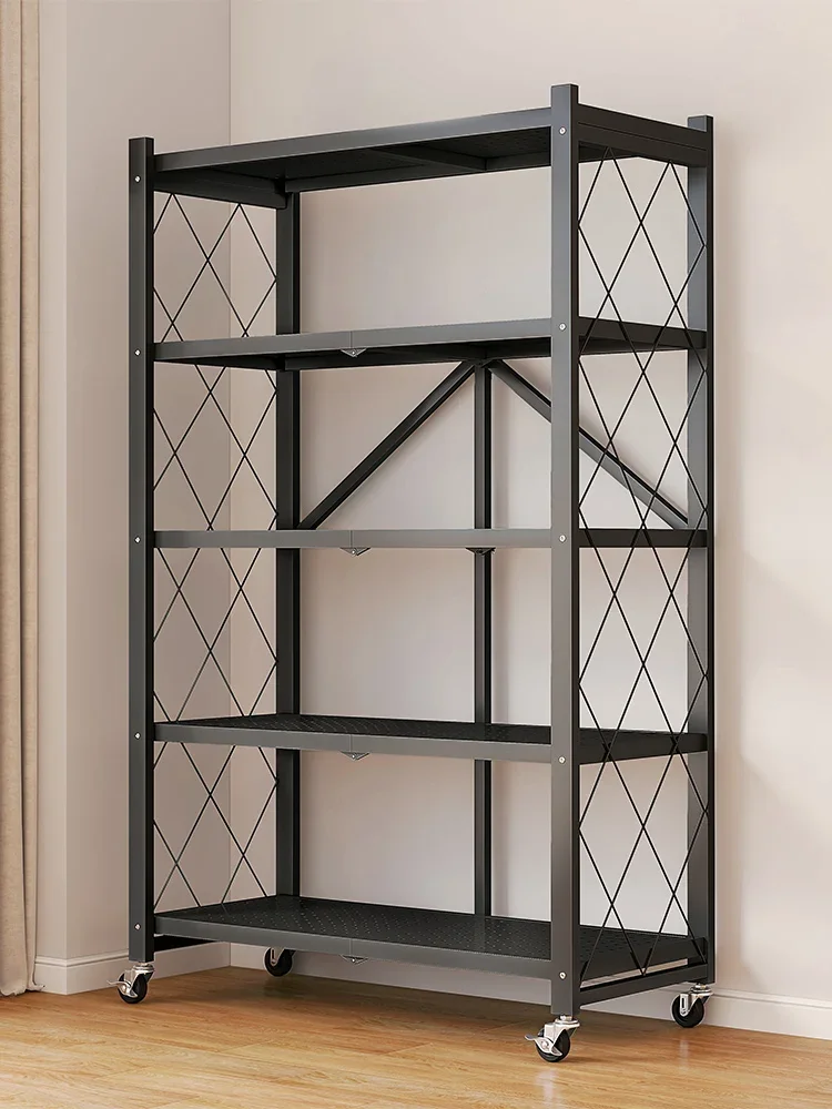 

Installation-free folding steel bookshelf Floor rack with wheels Movable home living room Multi-layer storage bookshelf