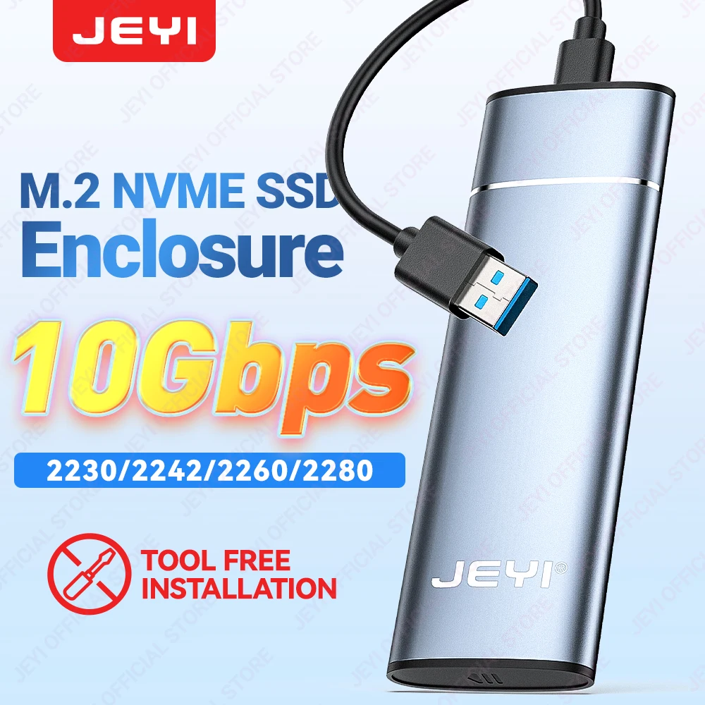 

JEYI Aluminum M.2 NVME SSD Enclosure Adapter, USB 3.2 Gen 2 (10 Gbps) to NVME M-Key/(B+M) Key SSD External Case With Trim UASP