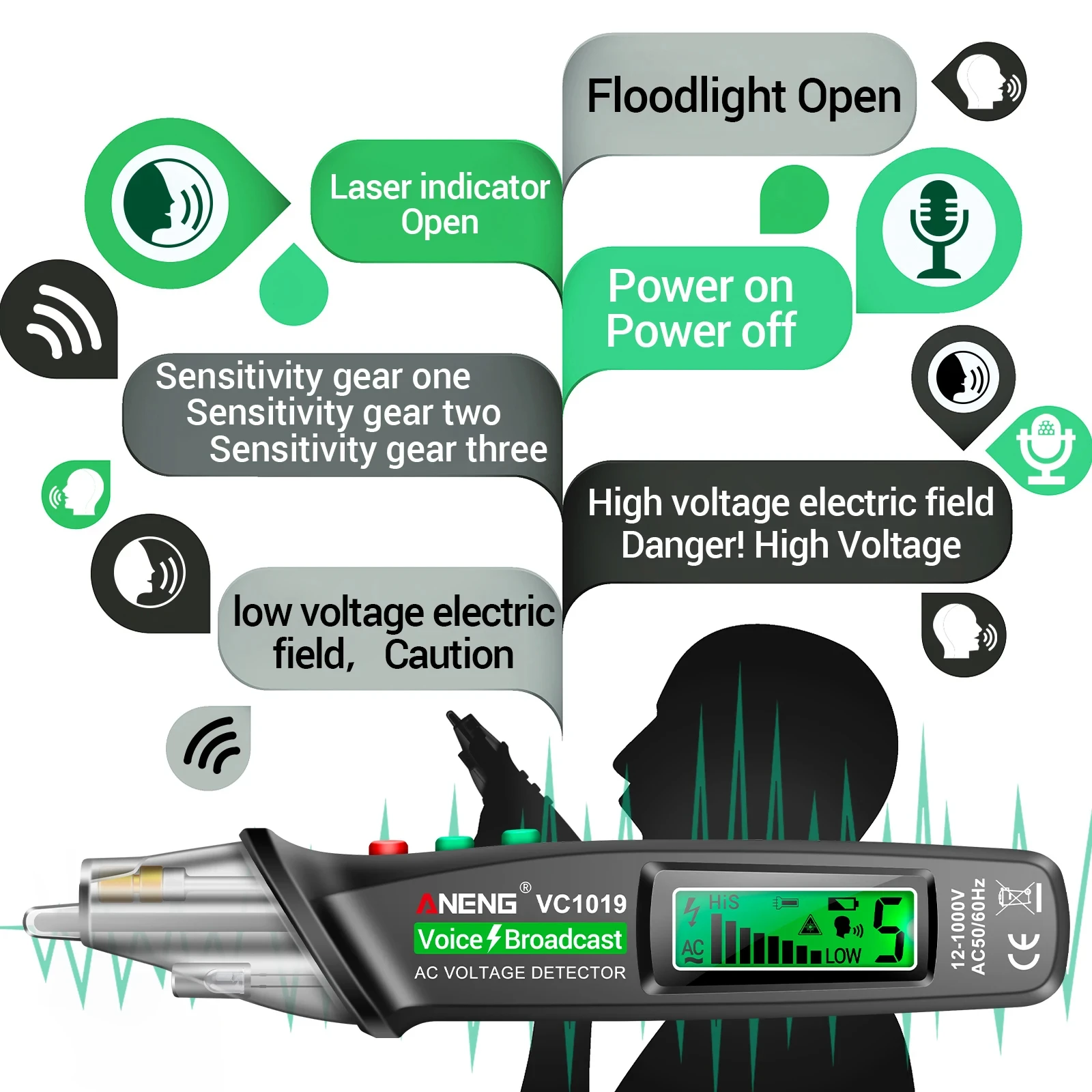 ANENG VC1019 LCD Digital Test Pen Non-contact Voice Broadcast Tester Pen Sensitivity Adjustable with Sound/Light Alarm Flashligh