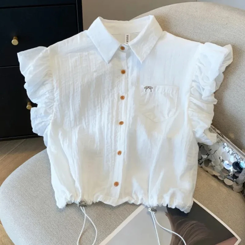 

Белая блузка с рукавами-крылышками для женщин, летняя, на пуговицах, с завязками, в стиле преппи, с милым бантом и вышивкой, укороченный топ