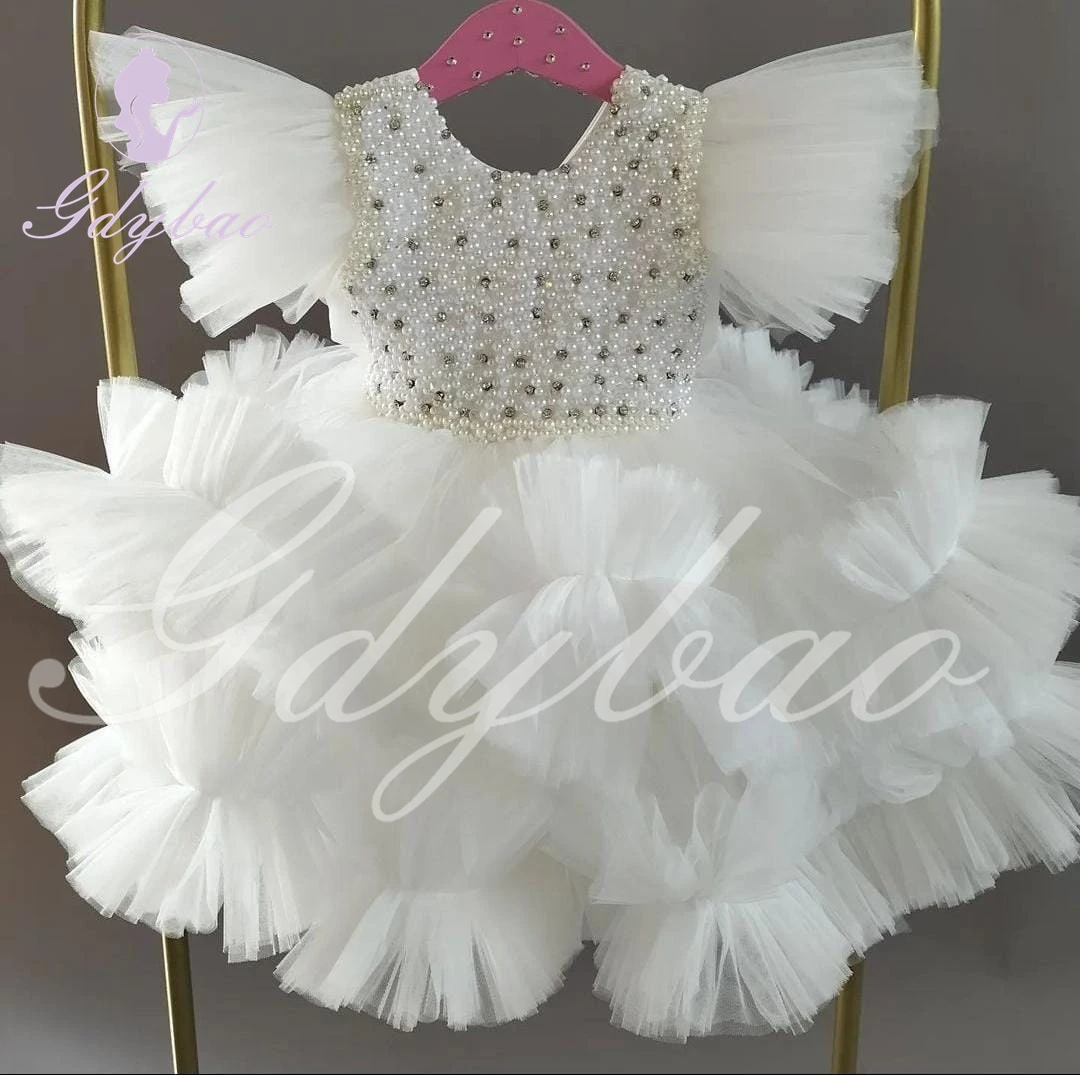 Layered White Flower Girl Dress For Wedding Pearls Knee Length Puffy Pageant Birthday Party First Communion Ball Gowns