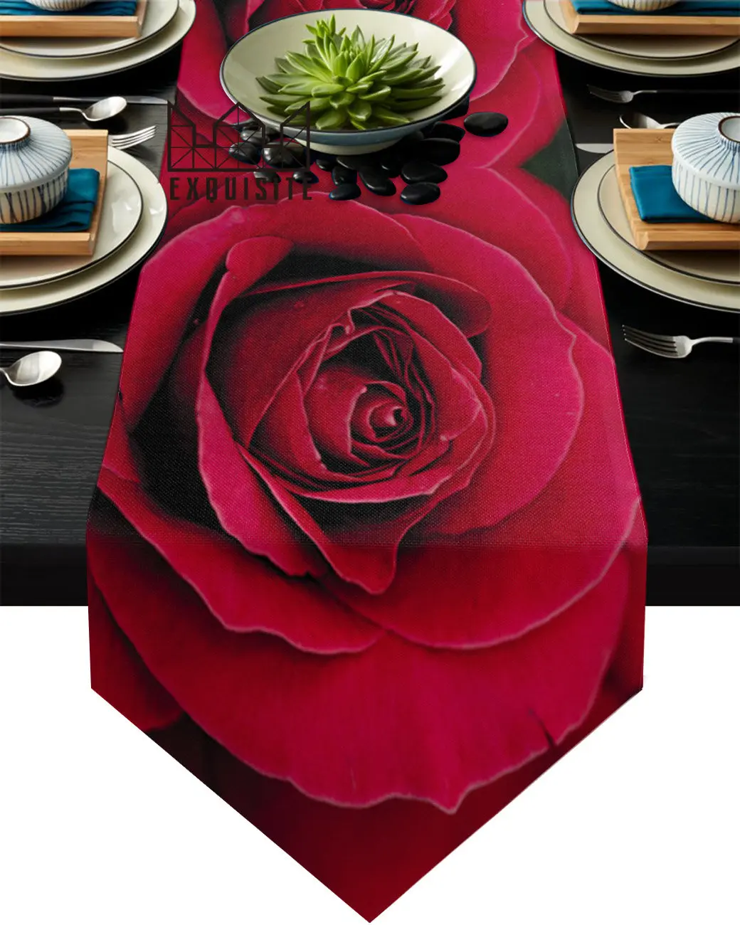 1pcs Rose Close-Up Love Plant Red Flower Table Runner For Home Wedding Banquet Festival Party Hotel Table Cover Table Decoration