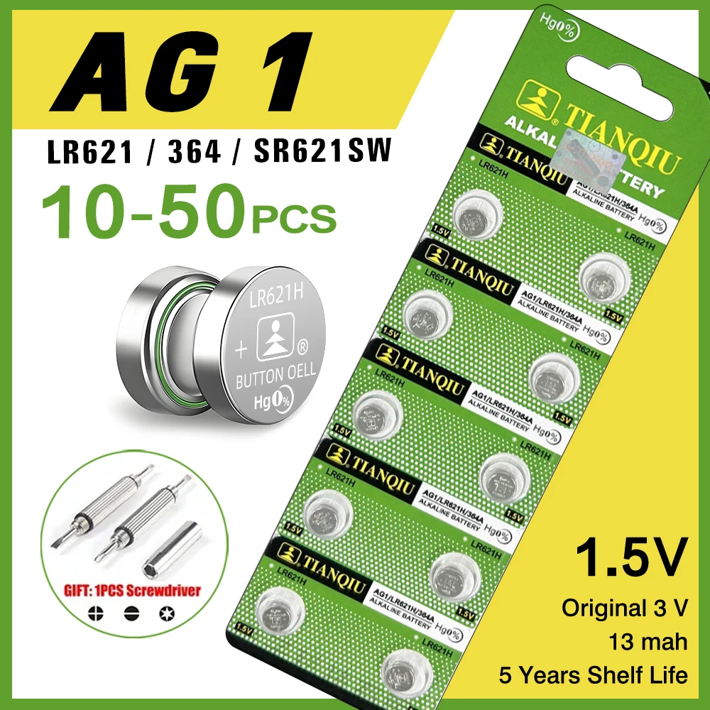 TIANQIU 2-50PCS Watch Battery AG1 1.55V 364 SR621SW LR621 621 LR60 CX60 Alkaline Button Coin Cell Batteries Drop Shipping