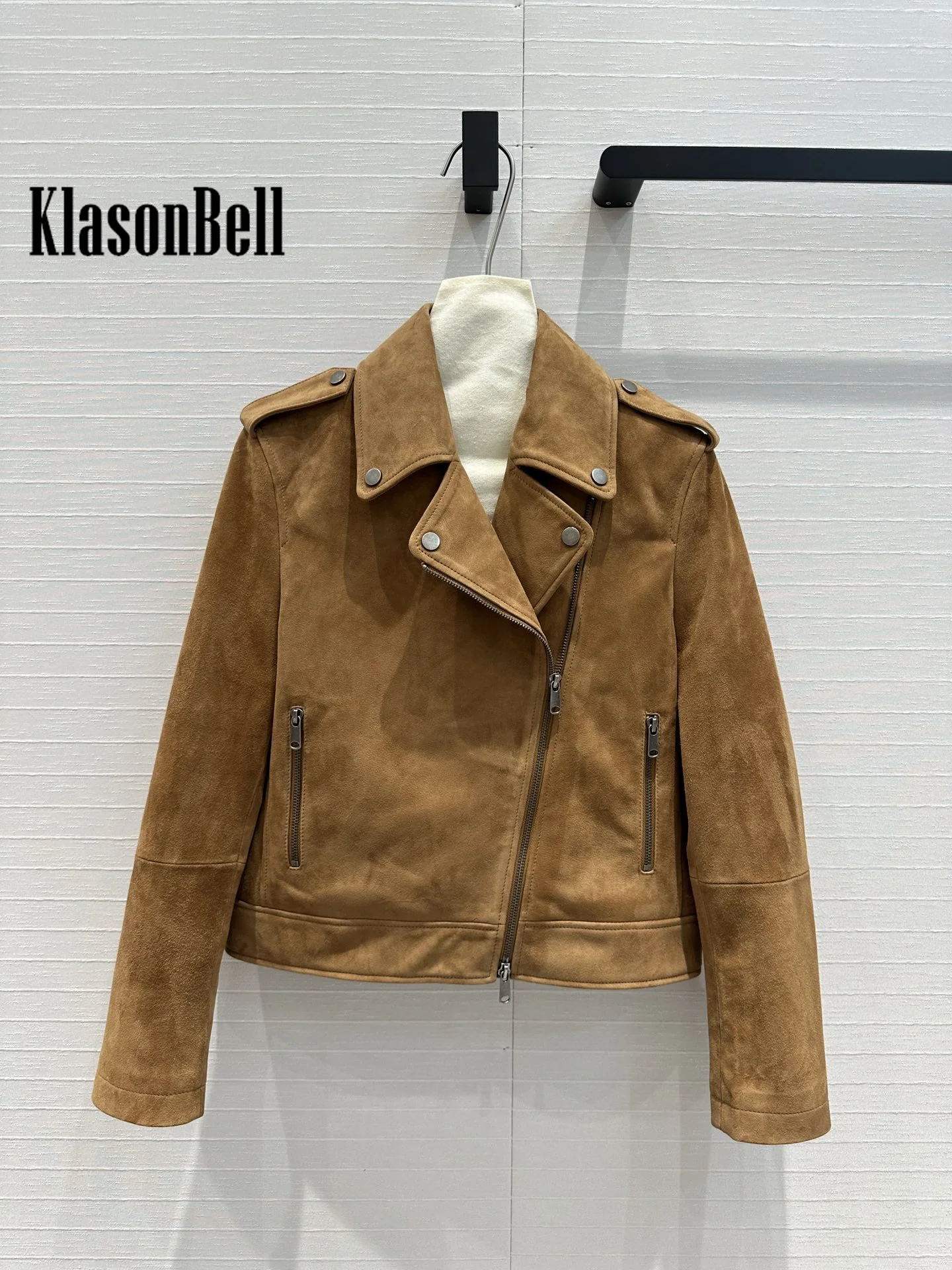 8.9 KlasonBell Luxury KId Suede Moto Biker Jacket For Women Beading Chain Lapel Collar Zipper Short Genuine Leather Coat