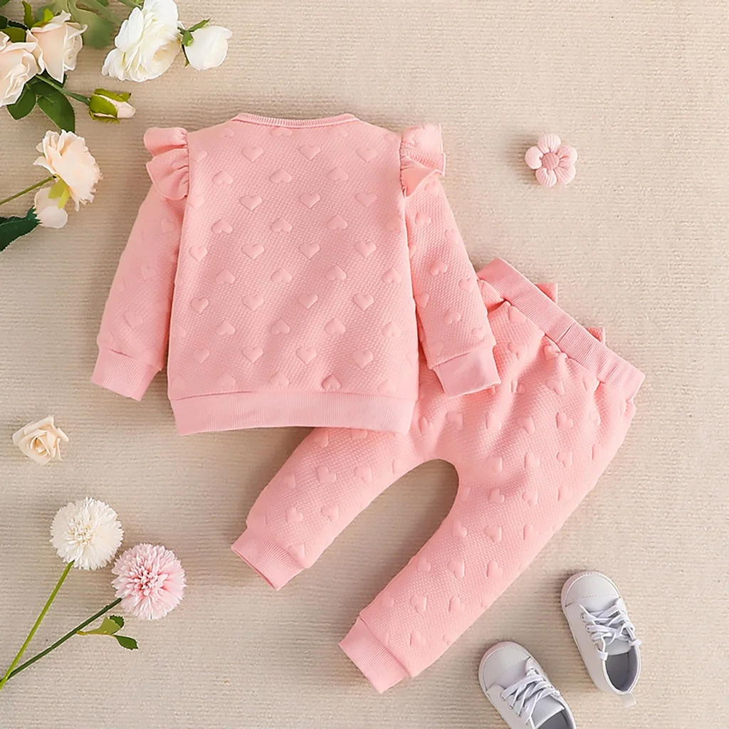 Newborn Baby Clothes suit 3-24 Months Long Sleeve Cute Heart-Shaped Printed Ruffled T-shirt and Bow Front Trousers suit