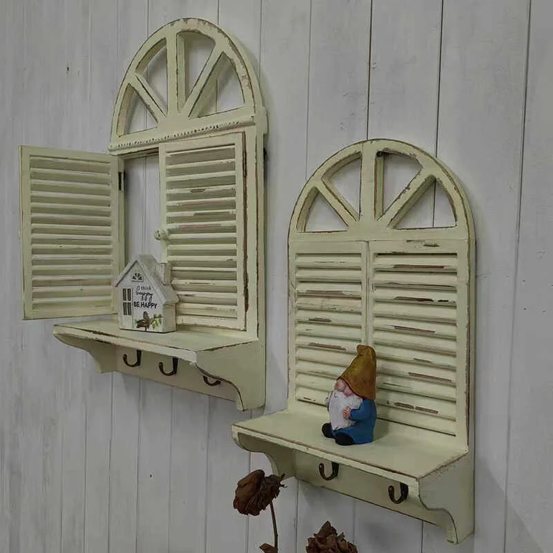 French Vintage Arched Faux Window Wall Decor, Aged Wood Art, Round Arch Hanging for Garden, Courtyard, B&B Home Wall Art