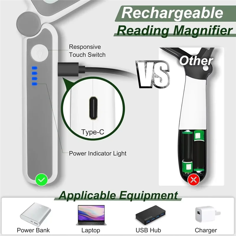 

Compact Reading Magnifying Glass With Light, 4X Rechargeable Handheld Illuminated Magnifier Folding Loupe Large Lens For Seniors