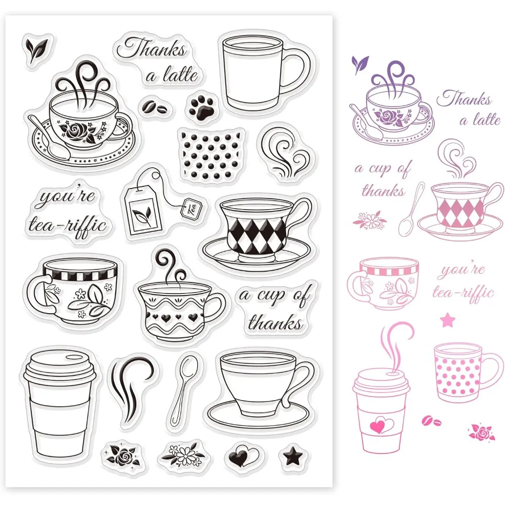 Coffee Cup Silicone Clear Stamps with Flower and Spoon Pattern for Christmas Birthday Cards Making DIY Scrapbooking Photo Album