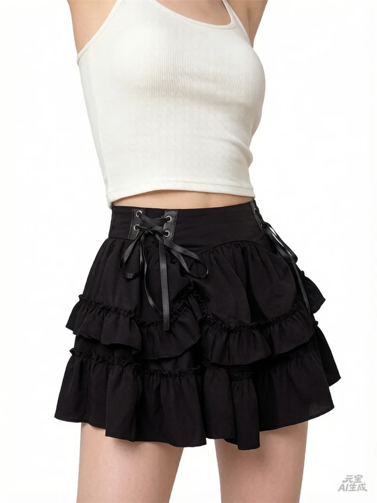 Gothic Y2k Lolita Women Medieval Half Skirt Vintage Fluffy Layered Puffy Skirt Cosplay Fashion Summer Mid Waist Skirt