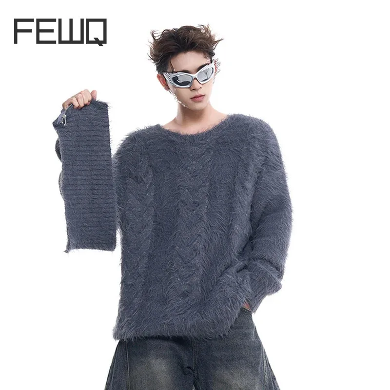 FEWQ Men's Faux Mink Fur Detachable Scarf Sweater Autumn Winter Two Piece Design 2024 Solid Color Male Pullover 24E2858