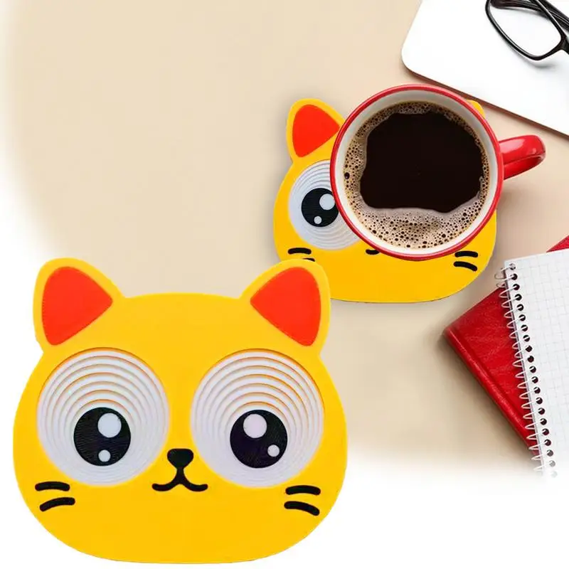 

Non-slip Cat Shaped Coasters with 3D Movable Eyes Reusable Resistant Mug Pads Dining Table Mats Kitchen Accessories