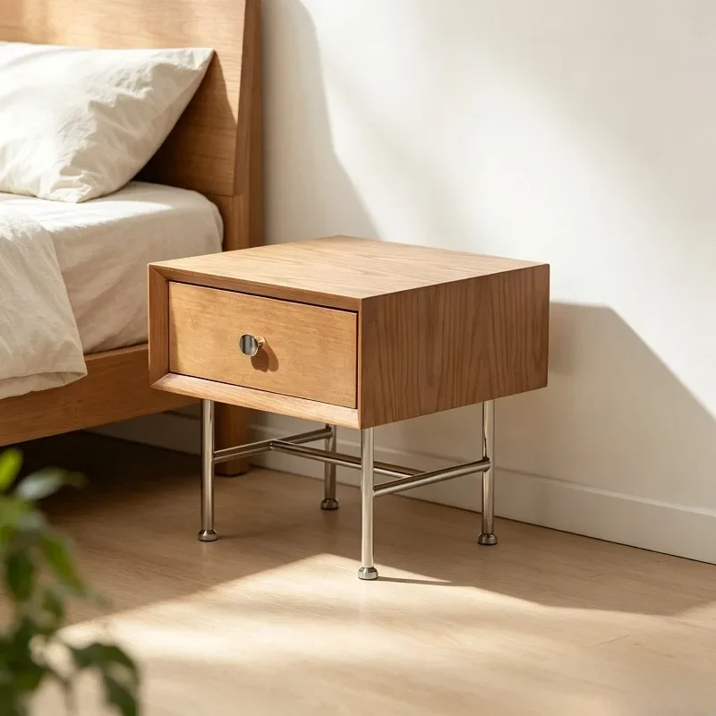 Mid Century Bedside Table Single Storage Drawer Round Mirror Polished Chrome Support Leg Minimalist Bedroom Decor Nightstand