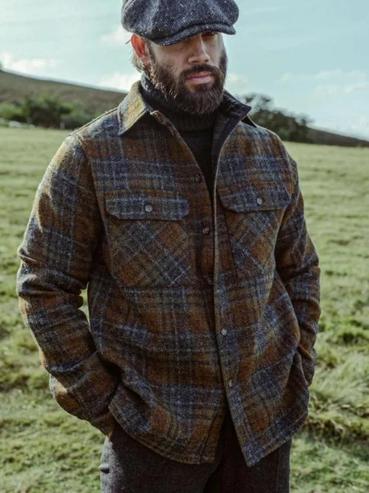Men's Vintage Plaid Shirt Jacket Long Sleeve Button Down Lapel Casual Overshirt with Chest Pockets