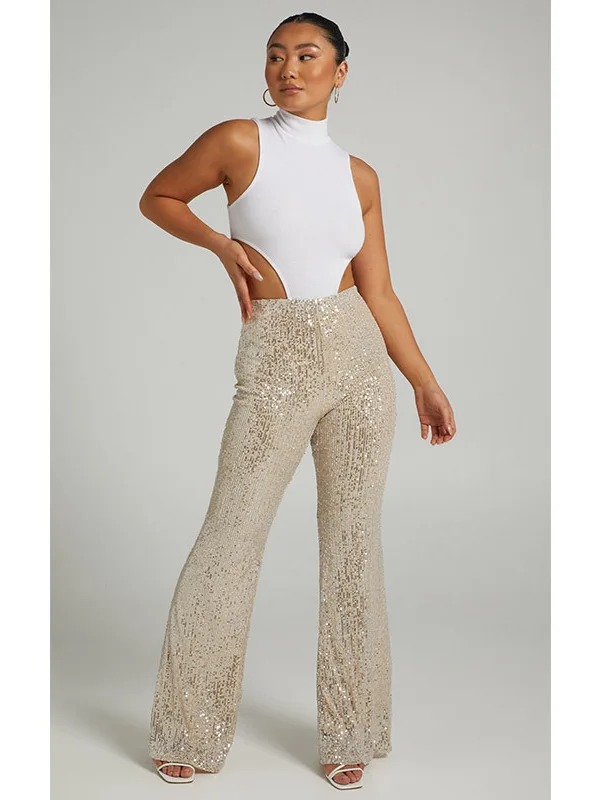 Damskie spodnie z wysokim stanem i szerokimi nogawkami, brokatowe spodnie codzienne, rozszerzane spodnie sceniczne, długie spodnie jesienno-zimowe, modne, z włókna poliestrowego.