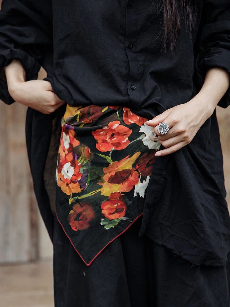 Blooming 088 Large Black White Grey Floral Pure Cotton Twisted Extra Large Scarf Headscarf Waist Wrap Garden Square Shawl