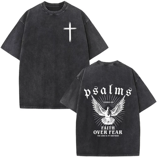 Imagen 2 del producto Camisetas laadas con versículo bíblico de fe cristiana de Jesús sobre el miedo, camisetas Vintage de gran tamaño a la moda para hombres y mujeres, camiseta Harajuku
