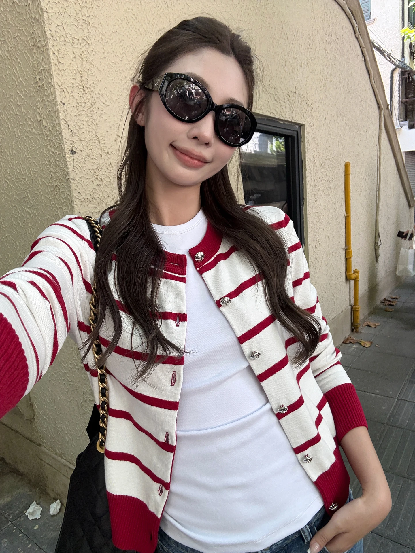 

4PRIL Women's Knitted Long Sleeve round Neck Open Cardigan Slimming Top Early Autumn Korean Style Lazy Style Color Block Shor...