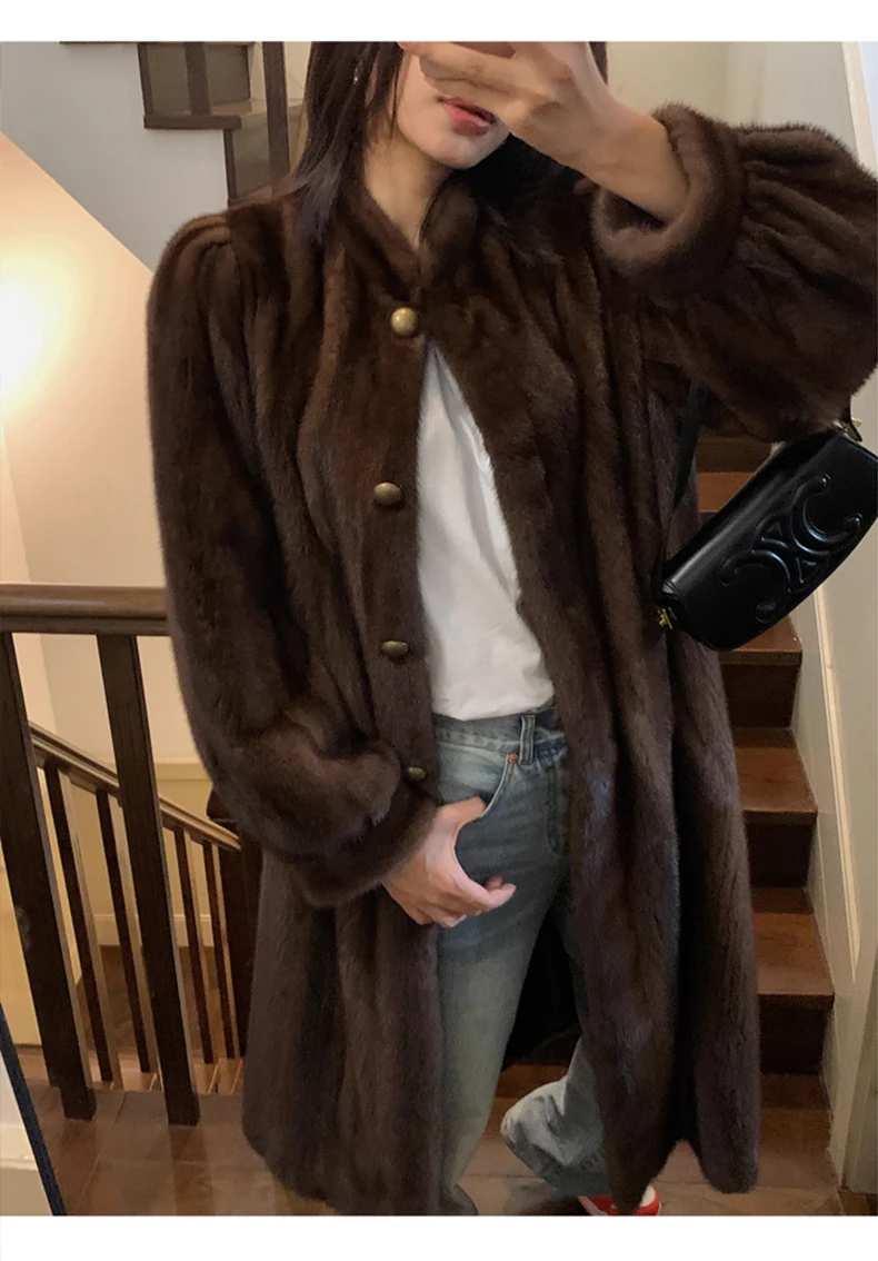Lautaro Winter Long Brown Thick Warm Soft Faux Mink Fur Coat Women Puff Sleeve Elegant Luxury Chic Fluffy Furry Overcoat 2023
